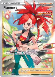 Rule 34 | 1girl, artist name, belt, blue pants, card (medium), character name, company name, copyright name, copyright notice, crop top, english text, eyelashes, flannery (pokemon), fuse ryuuta, grin, holding, holding poke ball, long hair, midriff, navel, nintendo, official art, outdoors, pants, poke ball, poke ball (basic), pokemon, pokemon card, pokemon oras, pokemon tcg, ponytail, red eyes, red hair, smile, solo, standing, teeth, third-party source, trading card, v-shaped eyebrows, white belt