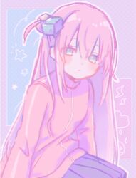 1girl blush bocchi_the_rock! cube_hair_ornament expressionless gotoh_hitori hair_ornament highres jacket long_hair looking_at_viewer mi_oxo_9m one_side_up pastel_colors pink_hair pink_jacket pleated_skirt sitting skirt solo track_jacket