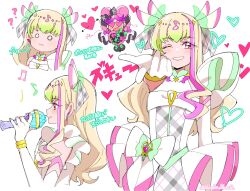 2girls :3 ? ?? arrow_through_heart beads black_bow black_dress blonde_hair bow bow-shaped_hair bracelet chibi circlet closed_mouth collared_dress colored_tips cowboy_shot cropped_torso cure_kiss cure_zukyuun detached_sleeves dot_nose dress earrings elbow_gloves eyelashes eyes_visible_through_hair eyeshadow fortissimo gloves gold_bracelet green_hair grey_dress grey_ribbon grin hair_beads hair_bow hair_ornament hair_ribbon heart heart-shaped_eyes high_collar highres holding holding_microphone idol jewelry kimi_to_idol_precure layered_dress light_blush lipstick long_hair magical_girl makeup meroron_(precure) microphone multicolored_hair multiple_earrings multiple_girls multiple_views music musical_note musical_note_hair_ornament o_o one_eye_closed open_clothes open_dress orange_eyeshadow outstretched_hand parted_bangs pink_hair pink_lips plaid_bow plaid_clothes plaid_dress plaid_ribbon pleated_sleeves precure puffy_short_sleeves puffy_sleeves purirun_(precure) purple_hair ribbon shirako_love short_sleeves sidelocks simple_background singing single_detached_sleeve sleeveless sleeveless_dress smile sphere_earrings streaked_hair translation_request waist_bow wavy_hair white_background white_bow white_dress white_gloves white_sleeves