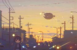 1girl anglerfish black_hair black_shirt building city_lights commentary_request dithering fish flying_fish gradient_sky highres illicium jitome lamppost long_sleeves necktie onndapixel orange_sky original pixel_art power_lines scenery shirt sky solo sunset utility_pole wide_shot