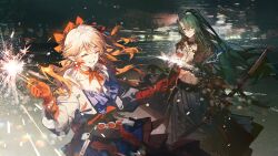 Rule 34 | 2girls, arknights, game cg, gloves, green hair, haruka (arknights), highres, holding, holding fireworks, holding weapon, horns, hoshiguma (arknights), hoshiguma the breacher (arknights), long hair, min (120716), multiple girls, night, official art, orange hair, outdoors, pointy ears, single horn, smile, third-party source, weapon