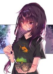 1girl bandaid bandaid_on_arm black_shirt blush bowl braid cereal closed_mouth collarbone gauze gauze_on_arm gauze_on_cheek holding holding_bowl leaf long_hair looking_at_viewer original purple_eyes purple_hair shirt short_sleeves solo soukou_makura spoon t-shirt upper_body