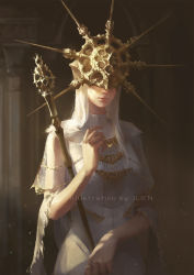 1boy arch artist_name chain chinese_commentary commentary_request covered_eyes crossdressing crossdressing_(mtf) dark_souls_(series) dark_souls_i dark_sun_gwyndolin day dress facing_viewer gold_chain hand_up helmet highres holding holding_staff indoors jewelry jlien- light_particles lips long_hair male_focus mask no_choker no_gloves pillar ring shawl snake solo spikes staff trap upper_body white_dress white_hair