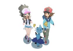 Rule 34 | 1boy, 1girl, baseball cap, blue eyes, blue jacket, brown eyes, brown hair, dewott, exposed pocket, full body, gen 5 pokemon, hat, hilbert (pokemon), hilda (pokemon), jacket, nintendo, nyagiratwist, open mouth, pokemon, pokemon (creature), pokemon bw, simple background, source request, standing, white background