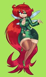 1girl absurdly_long_hair absurdres alternate_costume betilla_(rayman) blue_eyes body_freckles breasts cleavage earrings eyeshadow fairy fairy_wings freckles green_background highres hoop_earrings jamoart jewelry large_breasts long_hair makeup pencil_skirt rayman_(series) rayman_origins red_eyes skirt solo very_long_hair wide_hips wings