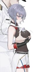 1boy 1girl ascot azur_lane bellona_(azur_lane) black_gloves blush breasts brown_shirt commander_(azur_lane) formal_clothes from_side gloves grabbing_another&#039;s_breast groping hands_up hat highres large_breasts long_sleeves military_uniform ohisashiburi parted_lips peaked_cap purple_eyes purple_hair shirt short_hair simple_background sleeveless sleeveless_shirt suit sweatdrop white_ascot white_background white_suit