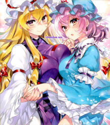 2girls asymmetrical_docking blonde_hair blue_hat blue_kimono blush bow breast_press breasts chacham closed_mouth commentary_request cowboy_shot dress floral_print floral_print_kimono frilled_kimono frilled_shirt_collar frilled_sleeves frills green_nails hair_bow hair_ribbon hat holding_hands japanese_clothes juliet_sleeves kimono large_breasts long_hair long_sleeves looking_at_viewer low-tied_sidelocks marker_(medium) medium_breasts medium_hair mob_cap multiple_girls partial_commentary pink_hair print_kimono puffy_sleeves purple_dress purple_nails purple_ribbon purple_tabard red_bow red_ribbon ribbon ribbon-trimmed_collar ribbon_trim saigyouji_yuyuko sidelocks sleeve_garter smile tabard touhou traditional_media twitter_username very_long_hair white_dress white_hat wide_sleeves yakumo_yukari yellow_eyes