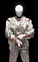 1boy absurdres artist_name blood blood_on_clothes buttons collared_shirt cowboy_shot crescent crescent_pin formal_clothes gloves highres jacket karmaho long_sleeves looking_at_viewer male_focus marvel marvel_cinematic_universe moon_knight_(disney+) mr._knight necktie open_clothes open_jacket pants shirt simple_background solo standing suit suit_jacket superhero_costume vest white_gloves white_jacket white_mask white_necktie white_pants white_shirt white_suit white_vest