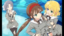 3girls absurdres ahoge black_pantyhose black_ribbon blonde_hair blue_eyes bow breasts brown_hair collar game_cg gessen_academy_school_uniform green_eyes grey_hair grey_jacket grey_skirt hair_bow hair_ribbon hairband hand_on_own_chest heterochromia highres interlocked_fingers jacket large_breasts long_hair long_sleeves looking_at_another looking_at_viewer low_twintails medium_hair multiple_girls neck_ribbon non-web_source official_art open_mouth pantyhose pillarboxed red_hairband ribbon ryoubi_(senran_kagura) ryouna_(senran_kagura) school_uniform senran_kagura senran_kagura_burst senran_kagura_burst_re:newal siblings sisters skirt smile torn_clothes twintails white_bow white_collar yaegashi_nan yumi_(senran_kagura)