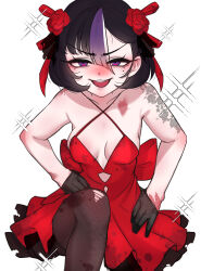 1girl absurdres arm_tattoo black_gloves black_hair black_pantyhose blood blood_on_clothes breasts cchiii commentary_request dress flower gloves goddess_of_victory:_nikke hair_flower hair_ornament hair_ribbon highres looking_at_viewer mole mole_under_eye multicolored_hair pantyhose purple_eyes purple_hair red_dress red_flower red_ribbon red_rose ribbon rose small_breasts solo syuen_(nikke) tattoo torn_clothes torn_pantyhose white_background white_streaks