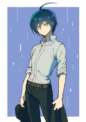 1boy absurdres ahoge black_hair black_jacket brown_eyes danganronpa_(series) danganronpa_v3:_killing_harmony hair_between_eyes highres holding jacket long_sleeves looking_at_viewer male_focus pants saihara_shuichi shirt short_hair striped_clothes unworn_headwear unworn_jacket youko-shima