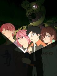 Rule 34 | 2boys, 2girls, = =, ayase momo, black hair, brown hair, commentary, crossover, dandadan, english commentary, enjoji jin, five nights at freddy&#039;s, five nights at freddy&#039;s 3, flashlight, flashlight beam, glasses, glowing, glowing eye, groove battle (meme), hair over one eye, highres, holding, holding flashlight, horror (theme), long sleeves, meme, monster, multiple boys, multiple girls, open mouth, parted lips, pink hair, red hair, rinneko art, round eyewear, saliva, scared, shiratori aira (dandadan), shirt, short hair, springtrap, sweat, takakura ken (dandadan), v-shaped eyebrows, white shirt, wing collar