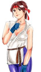 1girl braid braided_ponytail breasts brown_eyes brown_hair dougi female_focus gloves headband karate_gi large_breasts leather leggings long_hair looking_at_viewer pale_skin pants smile standing the_king_of_fighters thick_thighs thighs tucon_b yuri_sakazaki