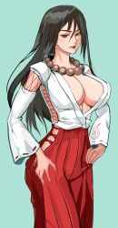 Rule 34 | 10s, 1girl, beads, black hair, blue background, breasts, brown eyes, cleavage, cowboy shot, detached sleeves, female focus, hakama, hakama skirt, highres, hip vent, japanese clothes, kushinada mikumo, large breasts, lips, long hair, mikazuki shigure, miko, mikumo kushinada, no bra, no panties, nose, parted lips, prayer beads, red hakama, shijou saikyou no deshi ken&#039;ichi, skirt, solo
