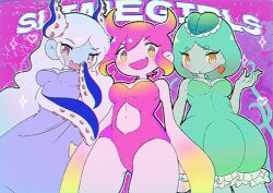 3girls breasts cleavage colored_skin evil_smile green_hair green_skin highres jellyfish_girl large_breasts long_hair looking_at_viewer marina_(omori) matouchi_(matouti118) medusa_(omori) molly_(omori) monster_girl multiple_girls omori open_mouth pink_hair red_eyes short_hair slime_girl smile teeth tentacle_hair tentacle_hands tentacles