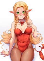 Rule 34 | 1girl, absurdres, animal ear hairband, animal ears, bare shoulders, blush, bow, bowtie, braid, breasts, breasts apart, bright pupils, brown pantyhose, collar, collarbone, commentary, covered navel, cowboy shot, detached collar, dilan griz, dungeon meshi, ear blush, elf, english commentary, fake animal ears, green eyes, hairband, hand up, highleg, highleg leotard, highres, leotard, long hair, looking at viewer, marcille donato, medium breasts, pantyhose, parted hair, playboy bunny, pointy ears, rabbit ear hairband, rabbit ears, raised inner eyebrows, red bow, red bowtie, red hairband, red leotard, signature, simple background, sitting, smile, solo, strapless, strapless leotard, sweat, twin braids, unworn hairband, very long hair, white background, white collar, white pupils