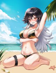 1girl absurdres barefoot beach bikini black_bikini black_hair blue_sky blush camouflage camouflage_bikini clenched_teeth cloud commentary day english_commentary goddess_of_victory:_nikke gradient_hair grey_hair highres horizon k_(nikke) long_hair multicolored_hair nose_blush ocean outdoors red_eyes sitting sky solo swimsuit teeth thigh_strap v-shaped_eyebrows vavamva wariza