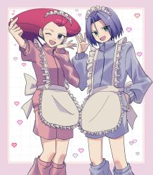 Rule 34 | 1boy, 1girl, apron, blue eyes, blue hair, crossdressing, green eyes, highres, james (pokemon), jessie (pokemon), looking at viewer, maid, maid apron, maid headdress, nintendo, one eye closed, open mouth, pokemon, pokemon (anime), pokemon (classic anime), red hair, team rocket, yunyun n23