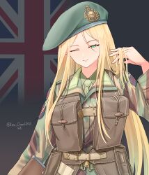 Rule 34 | 1girl, absurdres, ammunition pouch, artist name, belt, beret, blonde hair, brown vest, camouflage, camouflage jacket, closed mouth, commentary, flag background, green belt, green eyes, green hat, green necktie, green shirt, gun, hand in own hair, hat, hat ornament, highres, holding, holding gun, holding weapon, jacket, leochan1202, long hair, long sleeves, looking at viewer, military, military uniform, necktie, one eye closed, original, patch, pouch, shirt, shoulder patch, smile, solo, squinting, union jack, unit patch, upper body, vest, weapon, world war ii
