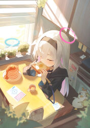 1girl absurdres arona_(blue_archive) ayu_(user_xkhp7843) black_coat black_hairband blue_archive blue_halo chinese_commentary closed_eyes coat colored_inner_hair commentary_request cup eating egg_sandwich food grey_hair hairband halo highres indoors long_hair long_sleeves multicolored_hair pancake peroro_(blue_archive) pink_hair pink_halo plana_(blue_archive) solo_focus syrup