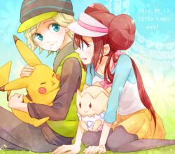 1boy 1girl blonde_hair blue_eyes brown_hair collarbone curtis_(pokemon) dated double_bun gen_1_pokemon gen_2_pokemon hair_bun mole mole_under_mouth nintendo pantyhose pantyhose_under_shorts pikachu pokemon pokemon_(creature) pokemon_bw2 raglan_sleeves ro16t0day8 rosa_(pokemon) seiza shorts sitting togepi visor_cap