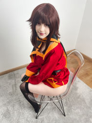 Rule 34 | 1girl, absurdres, asymmetrical legwear, belt, black gloves, black thighhighs, blunt bangs, brown hair, carpet, chair, clothes pull, cosplay, cosplay photo, dress, dress pull, eyelashes, floor, from side, gloves, highres, indoors, kono subarashii sekai ni shukufuku wo!, lips, long hair, looking at viewer, looking up, megumin, megumin (cosplay), mismatched legwear, no headwear, photo (medium), red dress, red eyes, sidelocks, single thighhigh, sitting, smile, solo, stelarhoshi, thighhighs, transparent, wall, wooden floor