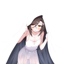 1girl absurdres alpha_transparency armpit_crease bare_arms blush breasts brown_eyes brown_hair chestnut_mouth christina_brecht cleavage collarbone commentary commission counter:side crossed_bangs dress hair_between_eyes hair_ornament hairclip highres holding_veil leaning_forward long_hair looking_at_viewer panties parted_bangs rladnr6 see-through_clothes see-through_dress simple_background sleeveless sleeveless_dress solo transparent_background underwear variant_set veil white_dress white_panties x_hair_ornament