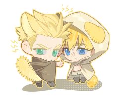 Rule 34 | 2boys, angry, animal ears, banno (160x2m), blonde hair, blue eyes, brothers, brown cloak, cat tail, chibi, chibi only, cloak, drop shadow, frown, green eyes, highres, hood, hooded jacket, jacket, kemonomimi mode, male focus, millions knives, mole, mole under eye, multiple boys, outline, siblings, simple background, tail, trigun, trigun stampede, twins, undercut, vash the stampede