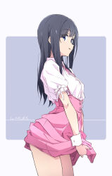1girl black_hair blue_eyes blush closed_mouth commentary_request dated grey_background highres looking_at_viewer monai-chan_(nii_manabu) nii_manabu original pink_skirt shirt short_sleeves signature skirt smile solo two-tone_background white_background white_shirt