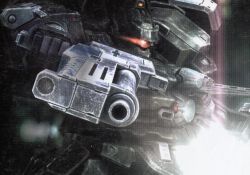 armored_core armored_core_nexus building close-up fromsoftware gangsta_hold glowing glowing_eye gun mecha robot weapon