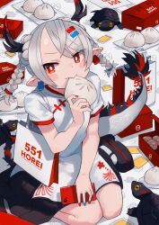 1girl absurdres braid bright_pupils china_dress chinese_clothes dragon_girl dragon_tail dress earclip eastern_dragon_tail eating food fur-tipped_tail grey_hair grey_scales highres holding holding_food holding_phone horns katsu_(katsupainter) kneeling long_hair monster_girl original phone pointy_ears red_eyes sarusawa_ikue scales solo steamed_bun tail twin_braids white_dress white_pupils