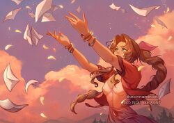 1girl aerith_gainsborough arms_up bangle bracelet braid braided_ponytail breasts brown_hair cleavage cloud cloudy_sky commentary dress english_commentary falling_letter falling_paper falling_petals final_fantasy final_fantasy_vii final_fantasy_vii_rebirth final_fantasy_vii_remake green_eyes hair_ribbon jacket jewelry letter long_hair looking_up open_clothes open_hands open_jacket outdoors parted_bangs petals pink_dress pink_ribbon ponytail red_jacket ribbon short_sleeves sky small_breasts solo tears thar_chandran upper_body yellow_petals