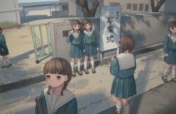 6+girls black_hair blue_serafuku blue_shirt blush_stickers braid brown_eyes building clone day expressionless gate green_neckerchief highres holding long_sleeves low_twin_braids mary_janes multiple_girls neckerchief original outdoors pleated_skirt sailor_collar school_uniform serafuku shadow shirt shoes sidewalk sign skirt smile socks storm_drain tensen_(dotted_line) tree twin_braids v white_sailor_collar white_socks