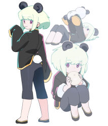Rule 34 | 1boy, :&gt;, androgynous, animal ears, black pants, chinese clothes, commentary, dumpling, earrings, eating, flats, food, from above, from behind, full body, green hair, hand up, holding, holding food, jewelry, knees up, lio fotia, long sleeves, looking at viewer, looking back, lying, ns1123, on back, panda boy, panda ears, panda tail, pants, promare, purple eyes, short hair, sidelocks, simple background, single earring, smile, stuffed animal, stuffed panda, stuffed toy, white background