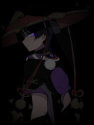 Rule 34 | 1boy, armor, arms at sides, birthmark, black bodysuit, black hair, black hat, black kimono, black sleeves, blunt ends, bodysuit, constricted pupils, electro symbol (genshin impact), from side, furisode, genshin impact, glowing markings, gold, grey sleeves, hat, japanese armor, japanese clothes, jewelry, jingasa, juban, kimono, kote, kurokote, layered sleeves, looking at viewer, looking back, male focus, mitsudomoe (shape), mxxu box, neck ring, parted lips, pom pom (clothes), purple bag, purple eyes, purple rope, purple sleeves, red hat, red kimono, rope, scaramouche (genshin impact), see-through clothes, see-through veil, shimenawa, short sleeves, solo, tomoe (symbol), turtleneck, turtleneck bodysuit, upper body, veil, white kimono, white mouth, white rope