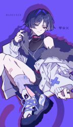 1boy arm_at_side bandaid bandaid_on_leg belt_collar black_hair black_shorts character_name choker clenched_hand closed_mouth coat collar colored_inner_hair cross-laced_shoes curled_fingers drop_shadow earrings eyelashes eyeliner eyeshadow fishnet_top fishnets fur_collar genshin_impact grey_sleeves hair_intakes hand_up heart highres jewelry layered_sleeves long_sleeves looking_at_viewer loose_socks makeup male_focus multicolored_hair open_clothes open_coat paw_print purple_background purple_eyes purple_hair purple_nails purple_shirt purple_tank_top red_choker red_eyeliner red_eyeshadow red_pupils ribbed_socks scaramouche_(genshin_impact) shirt shoes shorts single_off_shoulder smile sneakers socks solo sticker tank_top tsurime w02_14 wanderer_(genshin_impact) white_coat white_shoes white_sleeves white_socks wispy_bangs x_mark