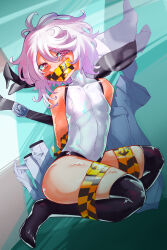 1girl arms_behind_back aygoftenover bare_shoulders black_thighhighs blush breasts caution_tape gag gagged gloves grey_hair hair_between_eyes highres improvised_gag leotard medium_hair multicolored_background no_shoes short_hair shy_(character) shy_(series) small_breasts solo tape tape_gag tears thighhighs white_leotard