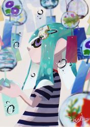 1girl 26gmugi aqua_hair arm_up blurry blurry_background closed_mouth commentary_request hair_ornament hairclip highres inkling inkling_girl inkling_player_character long_hair looking_up nintendo pointy_ears purple_eyes shirt signature solo splatoon_(series) splatoon_3 standing striped_clothes striped_shirt tentacle_hair