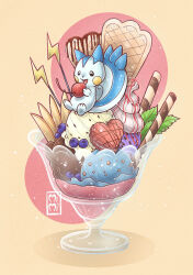 Rule 34 | artist logo, artist name, blueberry, cherry, chocolate syrup, commentary, eating, english commentary, food, fruit, gen 4 pokemon, highres, holding, holding cherry, holding food, ice cream, logo, mint, nintendo, open mouth, pachirisu, pokemon, pokemon (creature), princessmimoza, shadow, smile, sweets, tongue, white fur