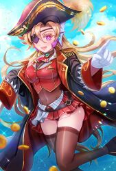Rule 34 | 1girl, ascot, bicorne, black coat, blonde hair, breasts, choker, coat, coin, cosplay, cropped jacket, eyepatch, frilled choker, frills, hat, highres, hololive, houshou marine, houshou marine (1st costume), houshou marine (cosplay), jacket, kiwakiwa, leather belt, leotard, leotard under clothes, long hair, marty (mega man), mega man (series), mega man x (manga), mega man x (series), miniskirt, one eye covered, pirate, pirate hat, pleated skirt, purple eyes, red ascot, red jacket, red skirt, revision, see-through clothes, see-through leotard, skirt, solo, virtual youtuber