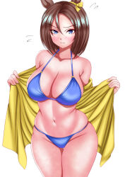 1girl absurdres air_groove_(umamusume) animal_ears bikini blue_eyes blush bow breasts brown_hair cleavage commentary_request ear_bow hagesan3345 hair_between_eyes highres horse_ears horse_girl large_breasts looking_at_viewer navel partial_commentary short_hair simple_background swimsuit umamusume undressing yellow_bow