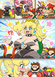 2boys 2girls ^^^ afterimage armlet bare_shoulders black_dress blonde_hair blue_eyes blush bob-omb bowser bowsette bracelet breasts brown_hair burger chasing collar comic crying crying_with_eyes_open dress driving earrings facial_hair fangs food genderswap genderswap_(mtf) head_fuse huge_breasts jewelry long_hair looking_at_another mario mario_(series) mario_(touring) mario_kart mario_kart_world motion_lines motor_vehicle multiple_boys multiple_girls mustache nenbuta nintendo nose_blush pointy_ears ponytail princess_peach princess_peach_(touring) short_hair silent_comic smile sphere_earrings spiked_armlet spiked_bracelet spiked_collar spiked_shell spikes squinting star_(symbol) steering_wheel strapless strapless_dress super_crown surprised tears transformation turtle_shell