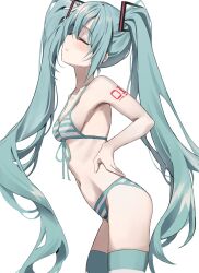 1girl absurdres aqua_bikini aqua_hair aqua_thighhighs bikini bikini_with_thighhighs breasts closed_eyes closed_mouth collarbone cowboy_shot expressionless from_side hand_on_own_hip hatsune_miku highres long_hair navel number_tattoo scarlet_(wv0102) sidelocks simple_background skinny small_breasts solo striped_bikini striped_clothes striped_thighhighs swimsuit tattoo thighhighs twintails very_long_hair vocaloid white_background white_bikini white_thighhighs