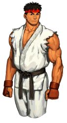 1boy black_hair capcom_vs_snk dougi fingerless_gloves game_cg gloves headband highres ikeno_daigo karate_gi looking_to_the_side male_focus martial_arts_belt mma_gloves muscular muscular_male non-web_source official_art red_headband ryu_(street_fighter) short_hair simple_background sleeveless solo street_fighter torn_clothes torn_sleeves v-shaped_eyebrows white_background