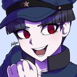 1boy black_hair blue_hat blue_jacket collarbone eyelashes grey_background hand_up hat inglebard jacket maruko_gaku parted_bangs parted_hair red_eyes shirt simple_background teeth the_hundred_line_-last_defense_academy- tongue white_shirt