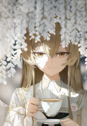 1girl absurdres black_ribbon blonde_hair blue_archive closed_mouth cup dress flower hair_between_eyes highres hmj0128 holding holding_cup holding_plate long_hair looking_at_viewer nagisa_(blue_archive) plate ribbon sailor_collar shaded_face sidelocks smile tea teacup white_dress white_flower white_sailor_collar wings yellow_eyes