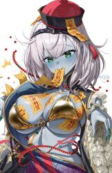 Rule 34 | 1girl, bikini, gold bikini, green eyes, grey hair, highres, hololive, jiangshi, jiangshi costume, ofuda, open clothes, outstretched arms, shirogane noel, solo, sweat, swimsuit, taiga (ryukyu-6102-8), virtual youtuber, zombie pose