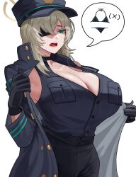 1girl absurdres arapanchi black_choker black_gloves black_pants blonde_hair blue_archive blue_hat blue_jacket blue_shirt breast_pocket breasts buttons choker cleavage collarbone commentary eyepatch gloves green_eyes halo hat highres jacket large_breasts long_sleeves looking_down medium_hair one_eye_covered open_clothes open_jacket open_mouth opened_by_self pants parted_bangs pocket shaded_face shirt simple_background sleeveless sleeveless_shirt solo speech_bubble spoken_clothes suou_(blue_archive) teeth tongue upper_teeth_only white_background x yellow_halo