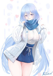 1girl alternate_costume aran_sweater artist_name azur_lane black_hair blue_eyes blue_skirt breasts cable_knit commentary_request constellation_(azur_lane) dress hair_between_eyes highres large_breasts livetarica long_hair long_sleeves looking_at_viewer simple_background skirt solo standing sweater very_long_hair white_background white_dress white_sweater