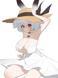 1girl :3 alvis_(last_origin) antennae arm_up armpits bare_arms bare_shoulders breasts brown_hat choker cleavage commentary criss-cross_halter dress frilled_choker frills halterneck hand_on_headwear hantata hat highres large_breasts last_origin plunging_neckline red_eyes short_hair short_twintails simple_background single_wrist_cuff sitting sleeveless sleeveless_dress smile solo spaghetti_strap straw_hat sundress thick_eyebrows twintails v-shaped_eyebrows white_background white_dress white_hair wrist_cuffs